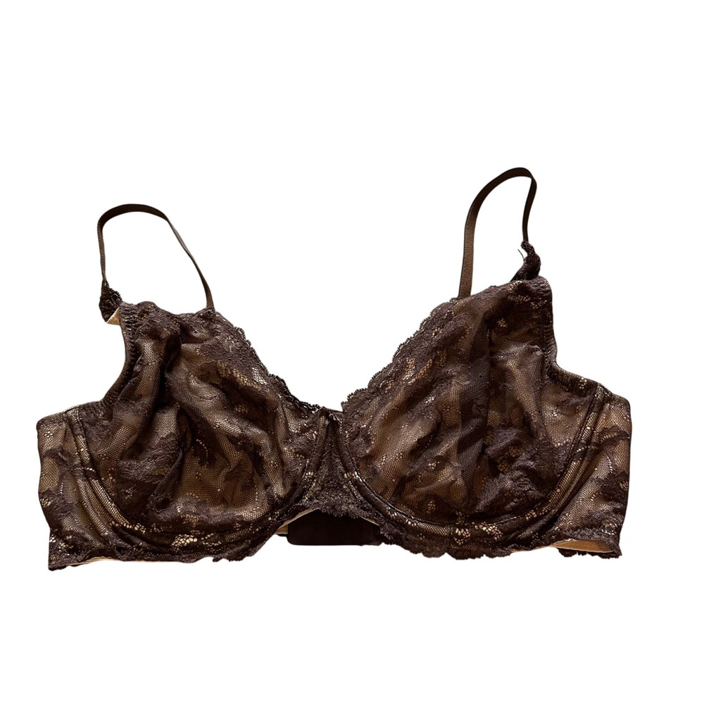 Lands End Intimates Brown Floral Lace Underwire Bra 42C Unlined Mesh 4089